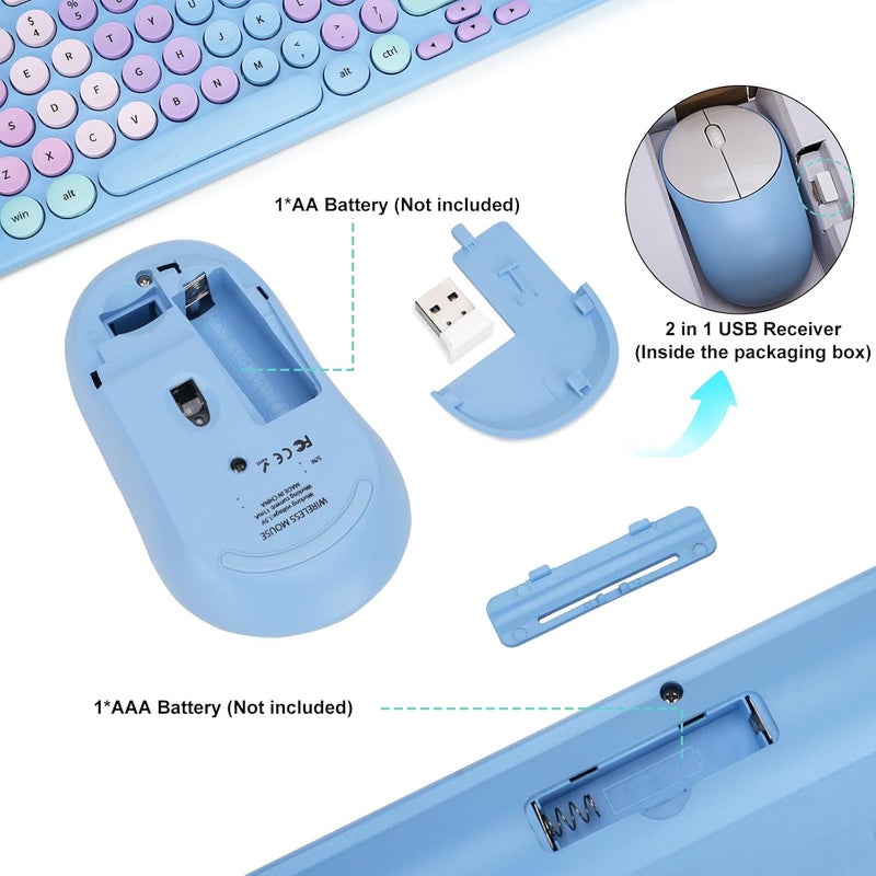 GUKJOB Wireless Keyboard and Mouse Combo, Retro Typewriter Keyboard with Round Keycaps, 2.4GHz USB Cute Wireless Keyboard Mouse for Computer, Desktop, Laptop and Computer (Rainbow Blue) - Image 5